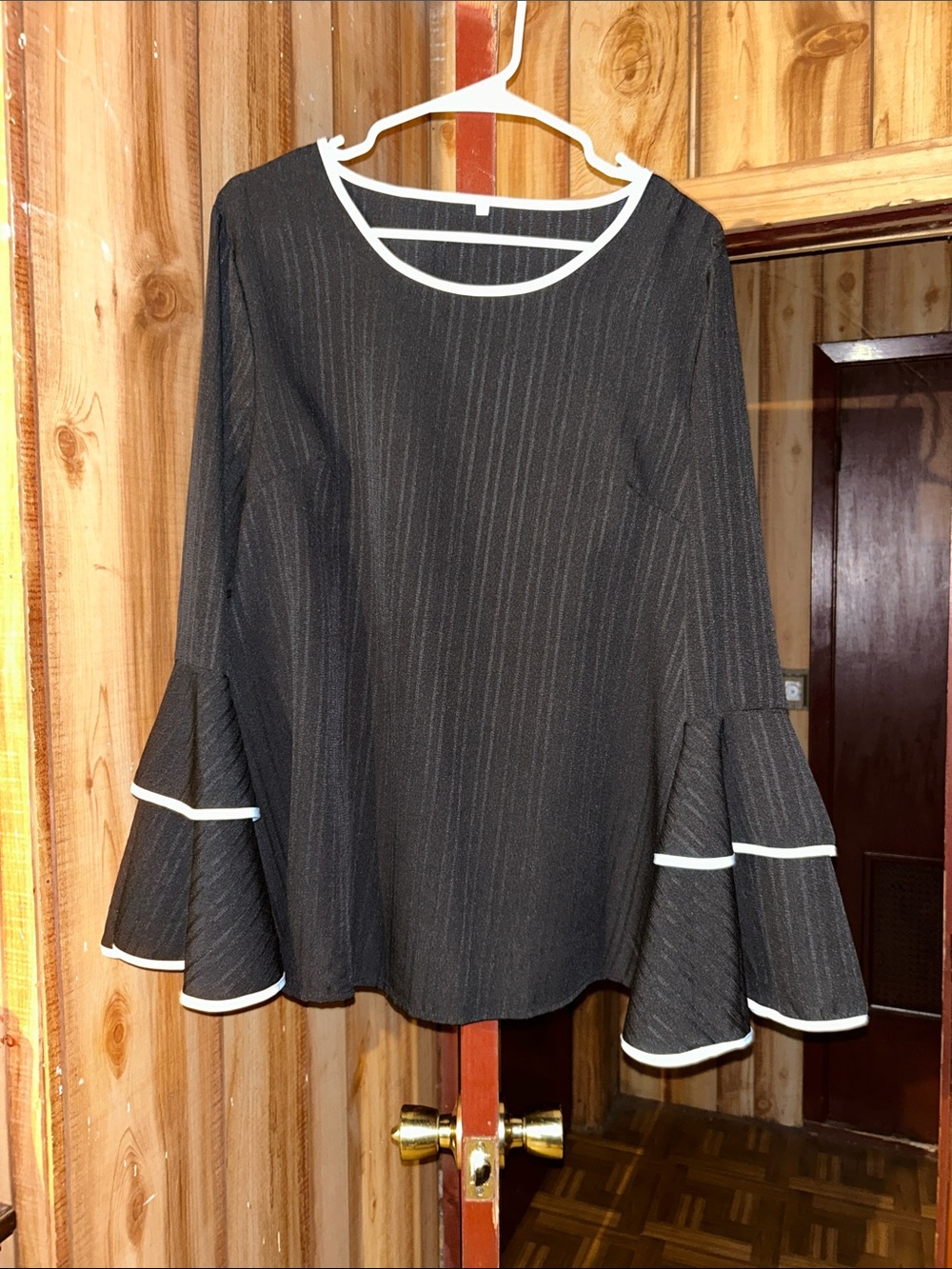 Black Bell-Sleeve Tunic with White Trim